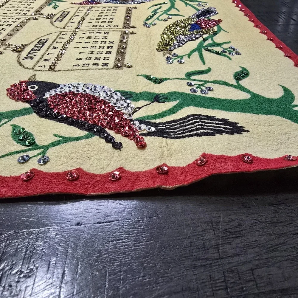 Vintage 1972 Felt Wall Calendar with Sequins, Bird Design